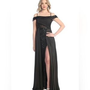 Cindy Collection Satin Dazzling Sequin Pleated Skirt‎ Sheath Prom Black Dress S